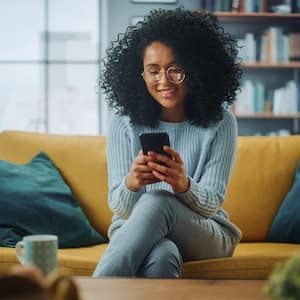 woman in colorful living room